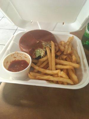 Double hamburger with fries and mozzarella sticks and marinara sauce