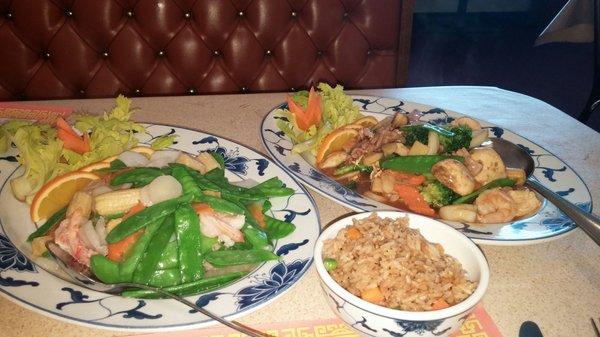 Chefs seafood platter left, Happy family right, and fried rice