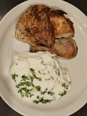 Quarter Chicken w/ Mashed Potatoes. Mashed potatoes - w/ heavy cream, butter & garlic.