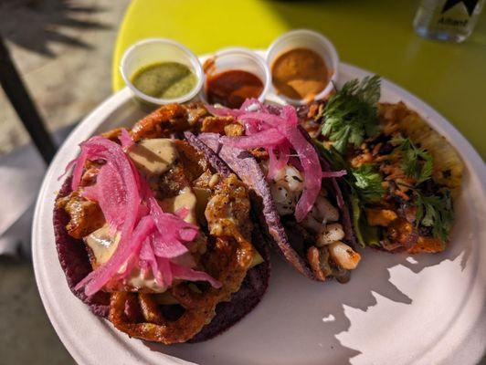 Softshell crab, shrimp & pork, and fish al pastor