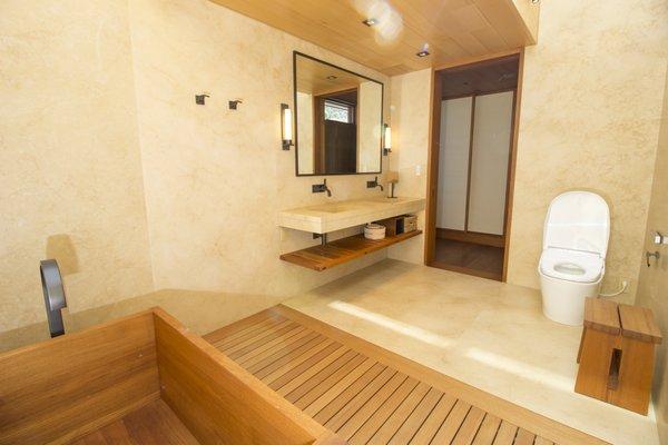 Hotel Rooms: Halila Stone bathroom- walls, floor, vanity. (Malibu, CA)