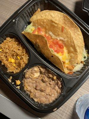 Refried Beans, Mexican Rice, chicken tacos (crispy)