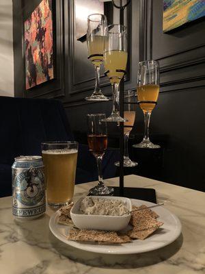 Mimosa flight, Hefeweizen and fish dip