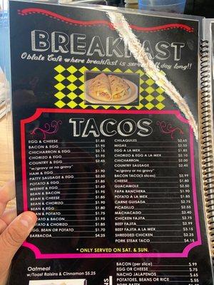 Breakfast menu