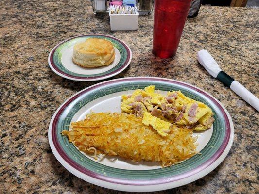 Scrambled eggs with diced ham.