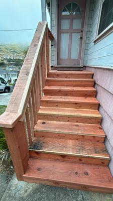 New Redwood stairs with 4 stringers for extra sturdiness