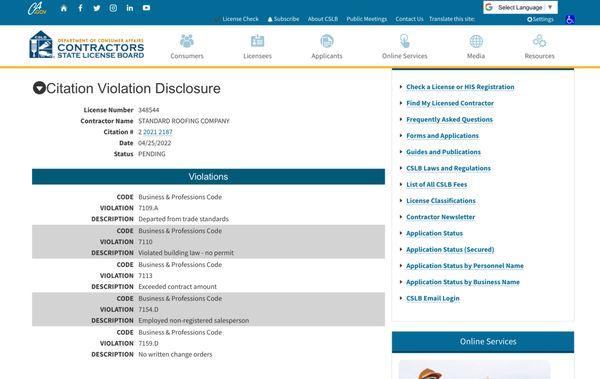 Citation Violations Disclosure from The Contractors State License Board (CSLB)