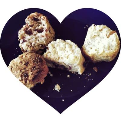 SCONES!! Cherry, Golden Sultana, Cranberry Orange, Apricot....all freshly-made. Served with creamy butter, cream, &local jam.