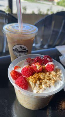 Oatmeal bowl and caramel iced coffee