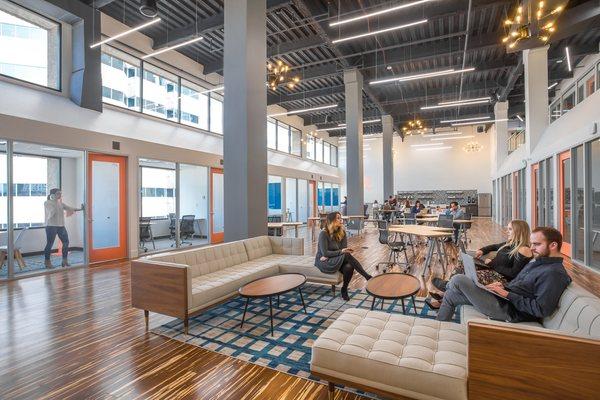 Expansive Trinity Place coworking lounge and private offices