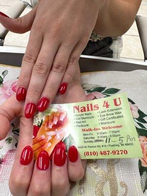 Nails 4u! has a new owner, and all new professional staff, renovated and very clean! looking forward to serving you!