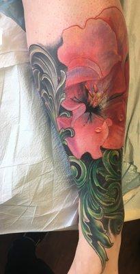 Georgia peach floral and Filigree cover-up of old dragon tattoo by Joshua Hibbard