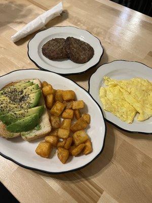 Avocado Toast with egg on the side. Add side of sausage.