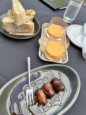 Gazpacho and bacon wrapped dates