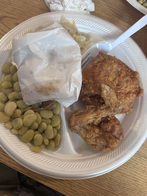 Fried chicken plate with butter beans and cabbage! And hushpuppies bagged!