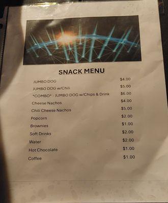 Snack menu pricing