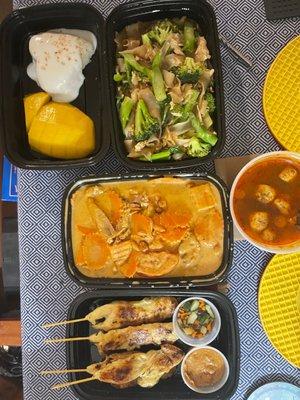 Chicken Satay, Sweet Sticky Rice with Mango, Pad See You, Massaman Curry Dinner, Tom Yum Soup