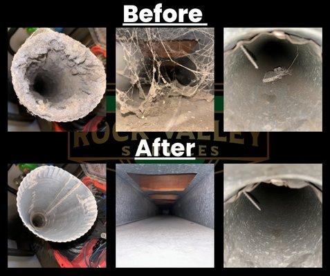 Results of a professional duct cleaning. On the top, the before photos show dusty and clogged ducts, while the bottom shows clean ducts.