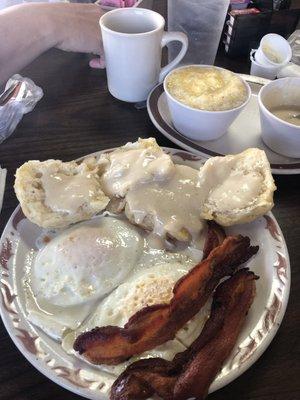 Eggs, bacon, biscuits and gravy, grits.