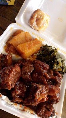 Rib tips, greens, yams and cornbread