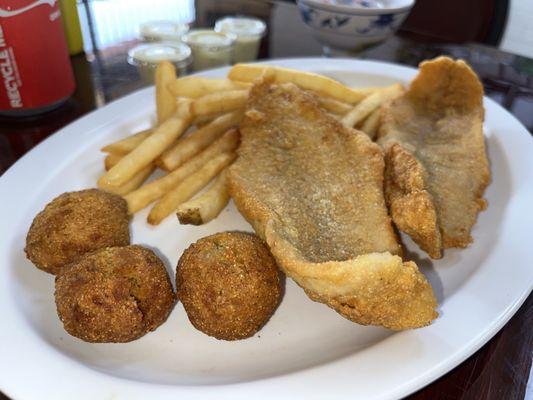 Catfish Dinner with Fries and Hushpuppies