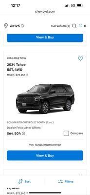 Advertised vehicle price on Chevy's Vehicle Locator website.