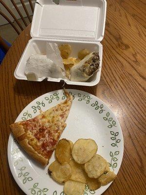 Cheese steak wrap with fried onions and plain pizza