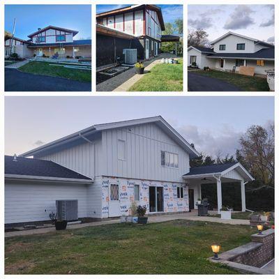 James hardie board and batten. 
James Hardie plank 
Vinyl soffit 
Azek columns