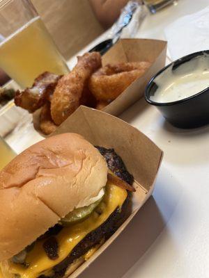 Double cheeseburger and onion rings.