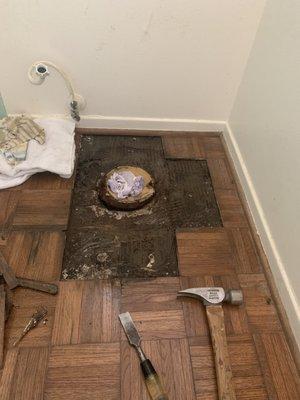 Old rotten floor was destroyed. toilet removed, repairing the flooring, and reinstalling the flooring