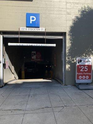 Date: 9-21-19 Entrance to underground parking. $25 all day near pier 39. Pre-pay and put ticket on dashboard