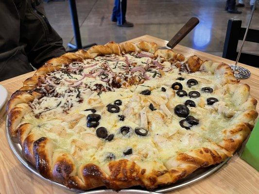 Half BBQ chicken half Chicken Alfredo