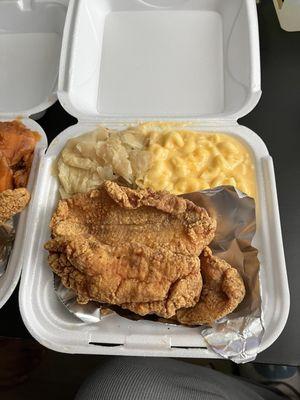 2pc Fried Catfish with Steamed Cabbage 3 Cheese Mac and Cream