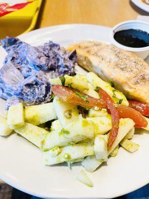 Salmon w/ Blueberry Glaze, Jicama Salad, and Purple Potato Salad