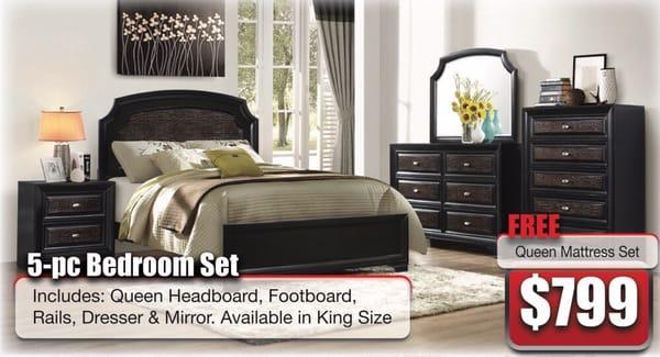 Solid wood bedroom set. FREE mattress set.  Queen bed, dresser & mirror $799.  Chest and night stand are on Sale