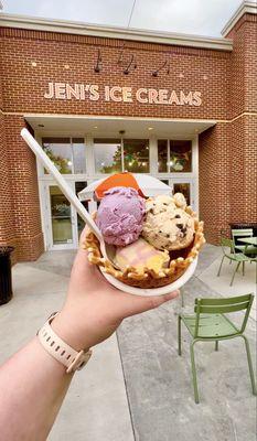 Wild Wildberry Lavender, Salted Peanut Butter with Chocolate Flecks, Rainbow BFY in a waffle cone