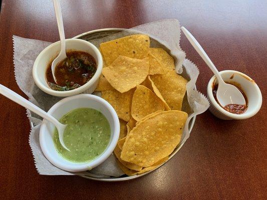 Free chips with 2 homemade salsas and truly spicy hot sauce