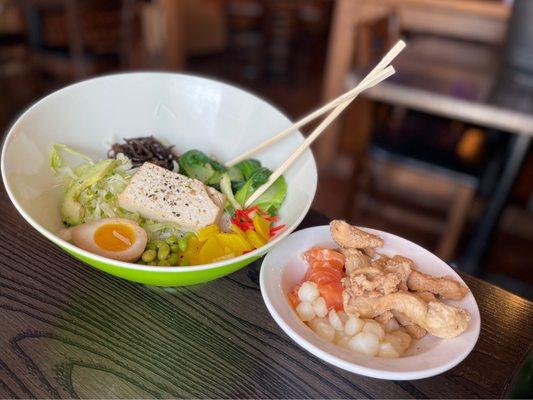 8. Vegetarian Poke Bowl & side of chicken, scallops & salmon.