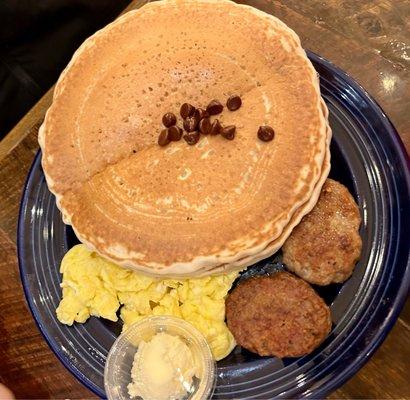 #7: 2 original pancakes (1 w/ chocolate chips), 2 scrambled eggs and 2 sausage patties