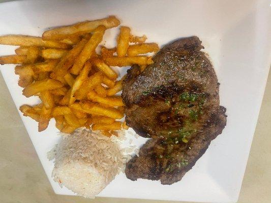 Steak with White Rice and  fries