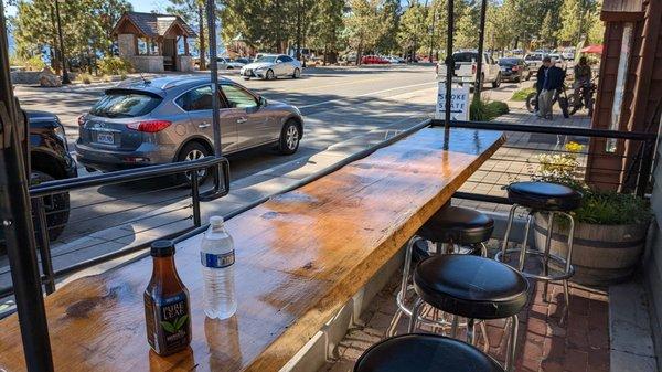 You can sit outside on the four stool bartable, as you people watch. It was shaded by the redwoods in the early afternoon.