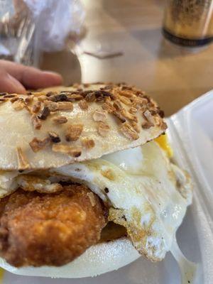 Crispy Chicken and Egg Bagel - chicken is a chicken tender