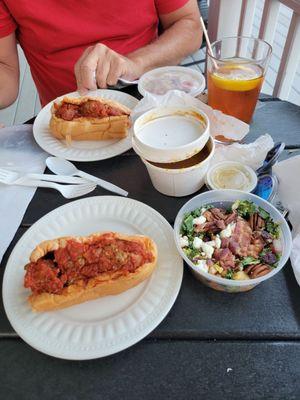 Meatball Hero Kale and Apple Salad w Maple Vinegarette.  Chicken pea and Artichoke salad. Swlquash apple pureed soup