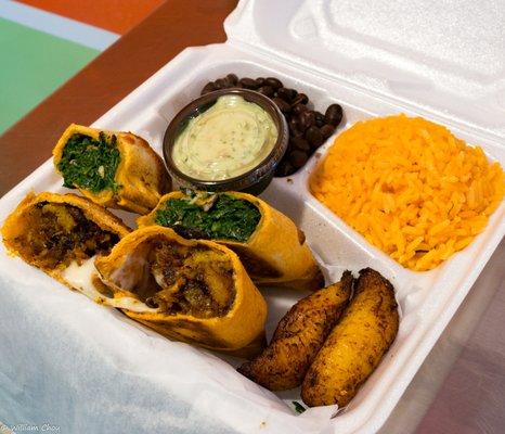 2 Empanada Meal:  Spinach & Mushroom; Mofongo, Bacon, and Cheese. With cilantro rice, black beans, and best of all, sweet plantains!