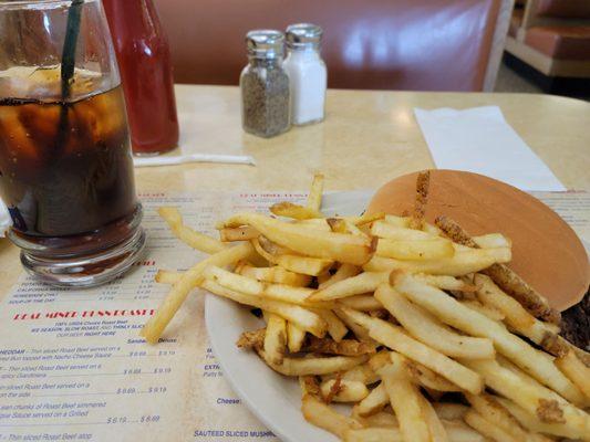 Cheeseburger, fries, and Pepsi