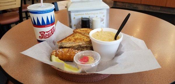 Goetta Reuben meal: sandwich,  corn chowder, pickle, pretzel, cookies and drink $6.75!