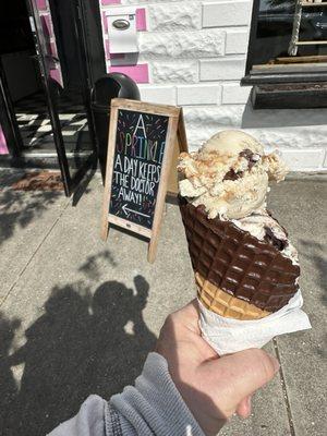 Moose Tracks in a Chocolate covered waffle cone.