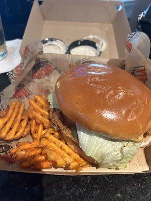 Southern fried chicken sandwich, sweet potato fries and extra ranch