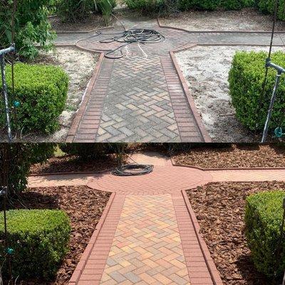 before and after 
pressure wash pavers and mulch installed