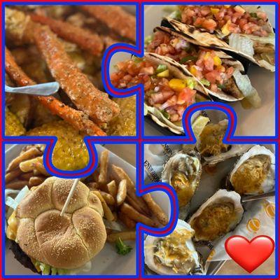 King Crab Seafood Boil, Blackened Mahi Tacos, Enson Bacon Cheeseburger, Grilled Oysters(6)